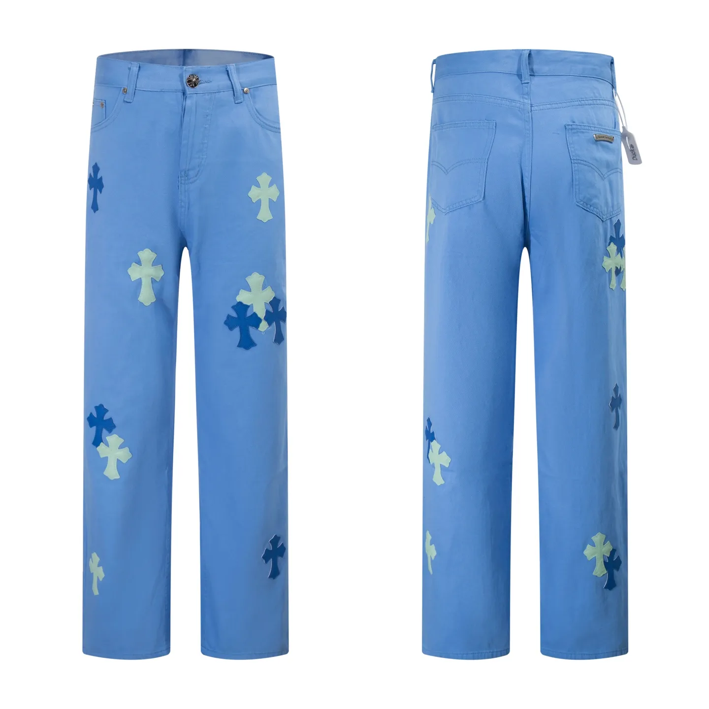 P280 Style number: H912 Chrome hearts CH co-branded Drak Miami light pink jeans exude uninhibited personality and unique charm. Every wear and tear is carefully designed to present a unique artistic feel. Made of imported denim fabric, which has undergone heavy industrial washing and destruction treatment, the trousers show a super cool effect on the upper body, allowing you to dominate the fashion stage.  This is more than just a pair of jeans, it is an expression of attitude. With its unique design concept and ultimate pursuit of details, Croxin breaks traditional boundaries and defines the jeans trend in the new era. The trousers are made of double-layer woven fabric with customized hardware. Special Italian cowhide is printed and cut. Custom-made sheepskin three-layer thick-line leather. The whole body is spliced ​​in heavy water washing. Craftsmen hand-splash ink. You can see the details. Three-dimensional cutting version. Loose and comfortable, not flattering to the body. Makes taller and slimmer. Seiko factory. Original quality control. Same style for men and women. Can be matched with couples. Versatile recommendation. Must-have jeans for all seasons. Color: ice blue. Size: 28-30-32-34.
